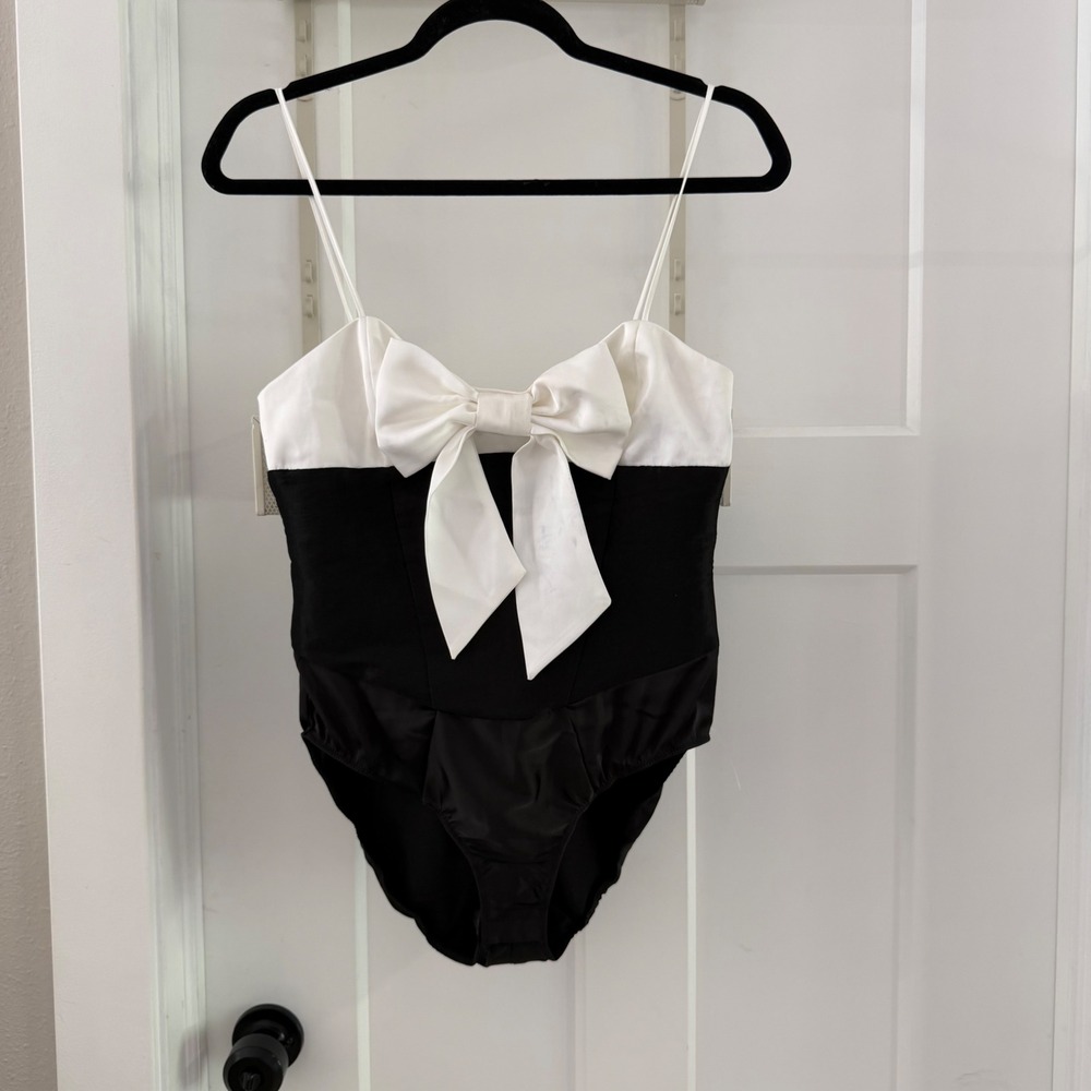 For Love & Lemons Black White Satin Bow Bodysuit Small NWT* Coquette Regencycore